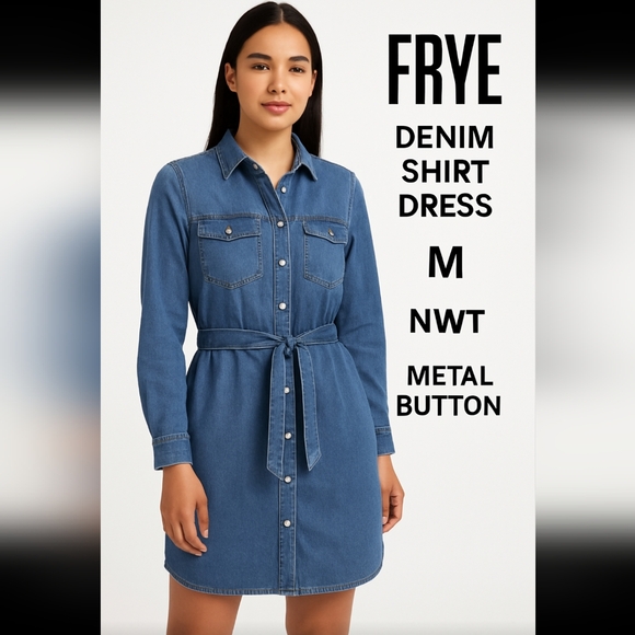 FRYE Denim Shirt Dress M NWT Metal Button Belted Long Sleeve Side Pockets - Picture 1 of 7